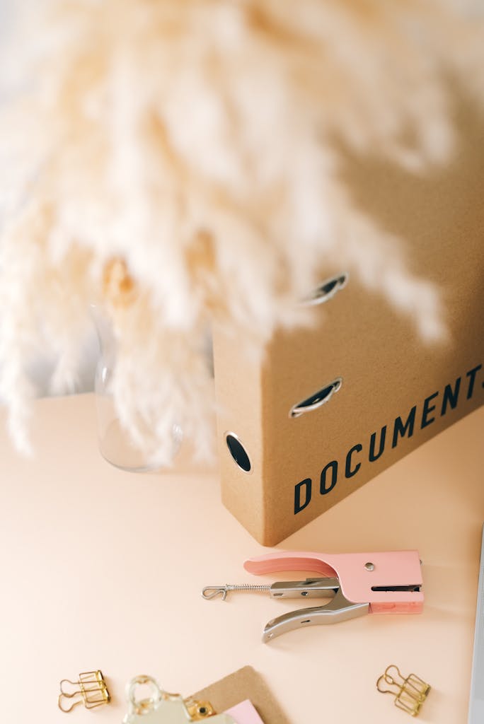 Modern office supplies arranged on a stylish desk. Ideal for organization.